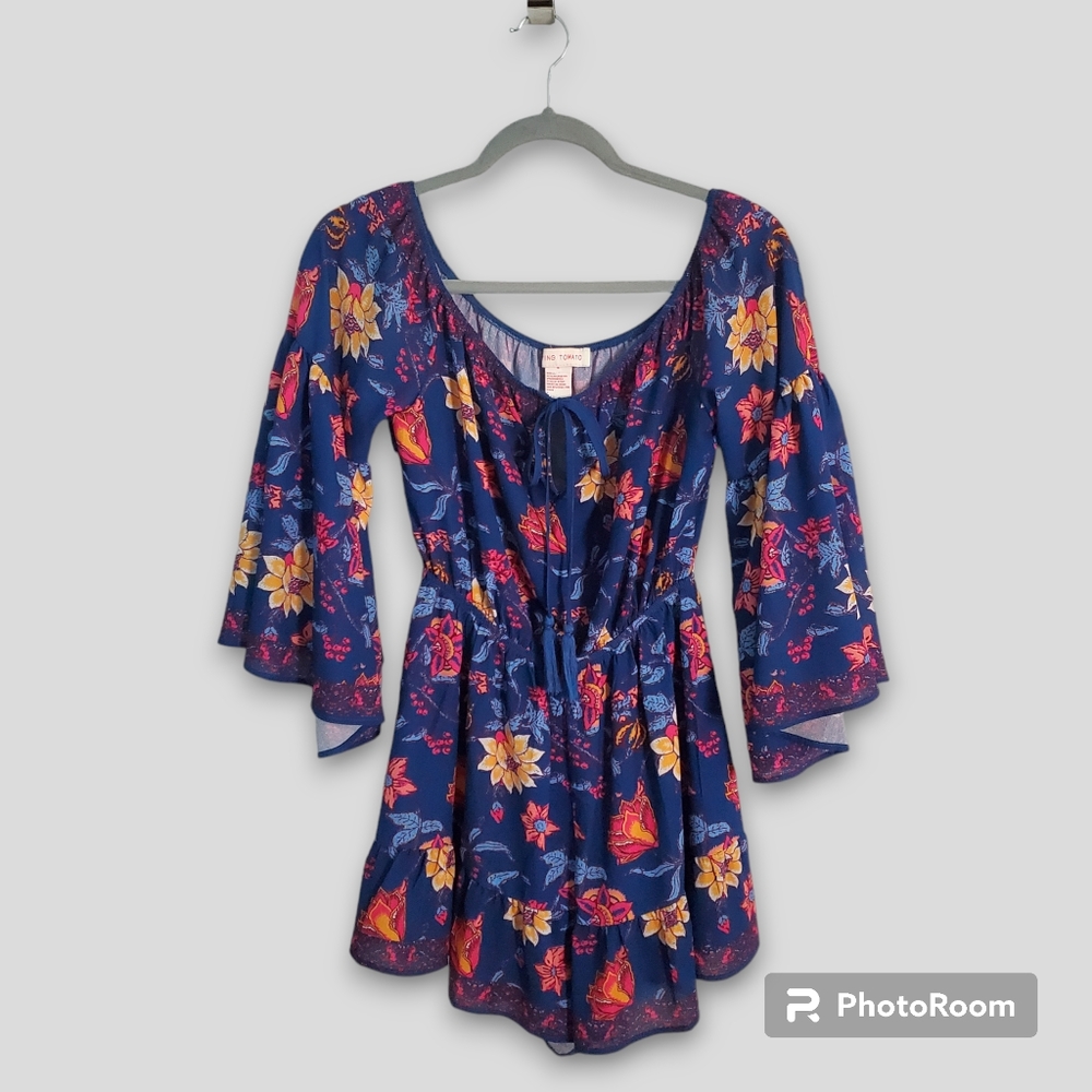 Flying Tomato Power of Love bell sleeve boho floral romper, size S